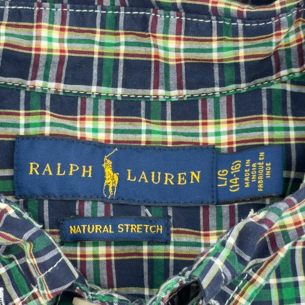Ralph Lauren Boys Green Navy Plaid Button Down Shirt Natural Stretch Large 14-16